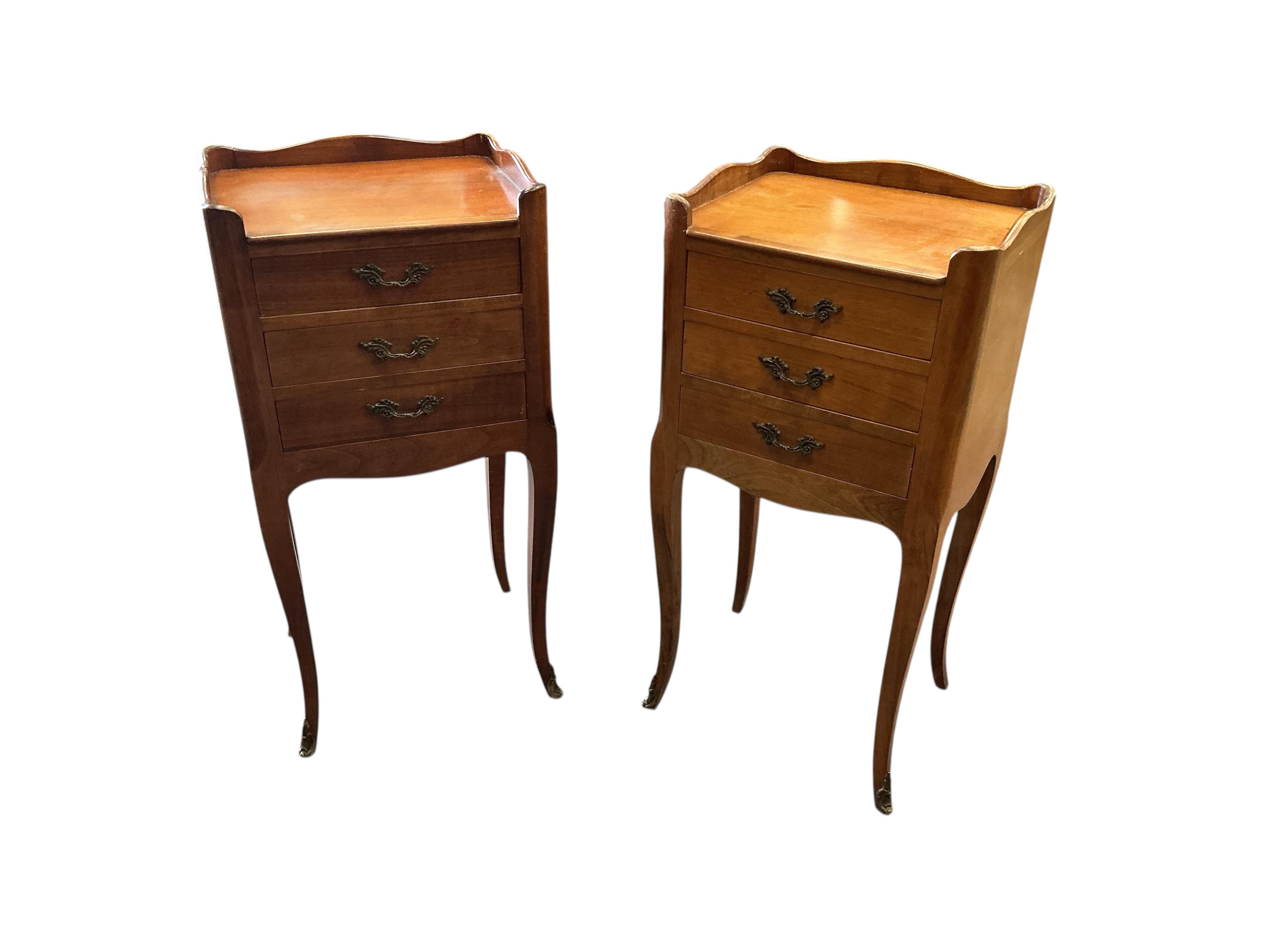 A pair of French cherry three drawer bedside chests, width 35cm, depth 29cm, height 73cm